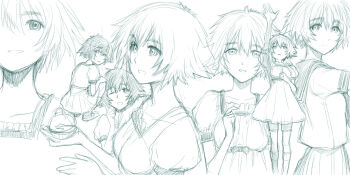 Rule 34 | 1girl, breasts, commentary request, dress, highres, looking at viewer, menomorute, monochrome, multiple costumes, multiple views, one eye closed, school uniform, science adventure, serafuku, shiina mayuri, short hair, smile, steins;gate, tagme, upa (steins;gate)