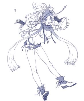 1girl bare_shoulders bikini boots braid breasts cleavage detached_sleeves final_fantasy final_fantasy_x final_fantasy_x-2 fingerless_gloves full_body gloves gradient_scarf greyscale hair_ornament headband long_hair looking_at_viewer medium_breasts microskirt midriff monochrome nakagawa_waka navel open_mouth parted_bangs rikku_(ff10) salute scarf sideboob skirt smile solo sphere_hair_ornament swimsuit white_background