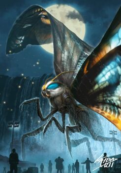1boy 1girl 6+others antennae artist_name bioluminescence blue_eyes bug butterfly chen_ling_(godzilla) claws cloud english_text epic fireflies full_moon giant giant_monster glowing glowing_eyes glowing_wings godzilla:_king_of_the_monsters godzilla_(series) highres houston_brooks insect kaida_yuji kaiju legendary_pictures mandibles monster monsterverse moon moth mothra motor_vehicle multiple_others night no_pupils official_art pincers raincoat realistic signature sky spiral_studio star_(sky) starry_sky tent toho truck water waterfall wet wings