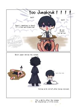 2boys ahoge black_coat black_eyes black_hair black_shirt character_name chibi chibi_only clothes_lift coat covering_own_face crying crying_with_eyes_open curtained_hair double-parted_bangs english_text full_body hair_between_eyes highres hole kim_dokja kimidori_22 male_focus multiple_boys omniscient_reader&#039;s_viewpoint open_clothes open_coat partially_shaded_face planted planted_sword planted_weapon popped_collar shirt shirt_lift short_hair standing suggestive_fluid sword tears tentacle_sex tentacles weapon white_coat yoo_joonghyuk