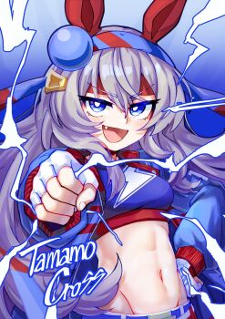 1girl abs animal_ears belt blue_eyes blue_hairband blue_jacket blue_sports_bra blush breasts clenched_hand commentary ear_covers electricity fang fingerless_gloves gloves grey_hair hair_between_eyes hairband headband highres horse_ears horse_girl jacket lightning_bolt_print lightning_bolt_symbol long_hair long_sleeves looking_at_viewer midriff multicolored_hairband navel open_mouth pants red_belt red_headband sleepyowl_(jobkung15) smile sports_bra stomach striped_clothes striped_hairband symbol-only_commentary tamamo_cross_(umamusume) tamamo_cross_(with_lightning_speed)_(umamusume) two-tone_hairband umamusume very_long_hair white_gloves white_pants