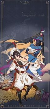 1other 2girls :o abu_(aladdin) aladdin_(disney) animal arabian_clothes blue_skin breasts brown_hair coin colored_skin crossed_arms english_text fingerless_gloves genderswap genderswap_(mtf) genie_(aladdin) gloves hand_on_own_chin hat highres honkai_(series) honkai_impact_3rd jewelry lamp long_hair looking_at_another magic_carpet monkey multicolored_hair multiple_girls navel official_art official_wallpaper one_eye_closed open_hand open_mouth ring small_breasts streaked_hair v-shaped_eyebrows