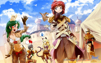 2girls 3boys animal animal_ears animal_on_head animal_print armor assassin_(ragnarok_online) baby_animal bandages_over_clothes bandana bell bird bird_on_head black_bandana blonde_hair blue_sky blush_stickers boots bow bow_bra bra breasts brown_capelet brown_gloves brown_jacket brown_pants brown_shirt brown_shorts brown_skirt cape capelet cat_ears cat_girl cat_tail chick cleavage closed_mouth cloud copyright_notice desert feet_out_of_frame fur-trimmed_jacket fur_trim gloves green_eyes green_hair guest_art heart helmet highres in-universe_location jacket jingle_bell kishibojin logo long_hair long_sleeves looking_at_another looking_back medium_breasts middle_eastern_architecture morroc_guard multiple_boys multiple_girls neck_bell official_art official_wallpaper on_head open_mouth outdoors pants pauldrons print_jacket purple_cape purple_eyes ragnarok_online red_bow red_hair rejection rogue_(ragnarok_online) shirt short_hair shorts shoulder_armor shrug_(clothing) skirt sky small_breasts smile spoken_heart spoken_sweatdrop sweatdrop tail tent thief_(ragnarok_online) tiger_print underwear waist_cape waving white_bra wickebine_(ragnarok_online) yellow_jacket