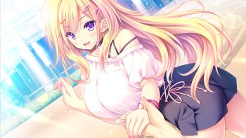 Rule 34 | 1girl, 1other, black choker, blonde hair, blue skirt, blush, bracelet, breasts, choker, dutch angle, hair ornament, jewelry, kiraboshi runa, kirakano, large breasts, long hair, looking at viewer, moekibara fumitake, nail polish, off-shoulder shirt, off shoulder, official art, open mouth, outdoors, pink nails, pink shirt, pleated skirt, pov, pov hands, purple eyes, shirt, short sleeves, skirt, smile, solo focus, standing, star (symbol), star hair ornament, x hair ornament