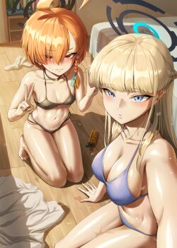 2girls alternate_costume bikini black_bikini black_choker black_halo blonde_hair blue_archive blue_bikini blue_eyes blue_halo blush braid breasts choker closed_mouth commentary_request double_v eyes_visible_through_hair hair_over_one_eye half_up_braid halo highres kneeling large_breasts long_hair multiple_girls navel neru_(blue_archive) panzaa red_eyes red_hair short_sleeves single_braid small_breasts stomach sweatdrop swimsuit toki_(blue_archive) v