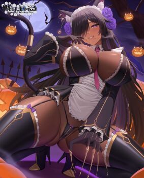 Rule 34 | 1girl, absurdres, animal ears, apron, between breasts, black boots, black gloves, black panties, boots, breasts, cat ears, cat girl, cat tail, claw (weapon), commentary, cosplay, dark-skinned female, dark skin, english commentary, flashing, frilled apron, frilled boots, frills, full moon, gloves, gluteal fold, grin, hair over one eye, halloween, halloween costume, high heel boots, high heels, highres, huge breasts, last origin, long sleeves, looking at viewer, mole, mole under mouth, moon, necktie, necktie between breasts, night, panties, pink necktie, poi (last origin), poi (last origin) (cosplay), pumpkin, purple eyes, smile, solo, squatting, tail, tatakau ni atai suru, thigh boots, ultr4-13, underwear, weapon, white apron, zara moussa