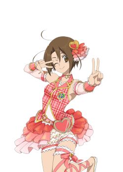 Rule 34 | 1girl, armpits, box, brown eyes, brown hair, detached sleeves, double v, dress, game cg, hair ornament, heart, heart-shaped box, heart hair ornament, idolmaster, idolmaster (classic), idolmaster platinum stars, layered skirt, leg ribbon, looking at viewer, norma beatty, official art, one eye closed, pink dress, pink ribbon, pink skirt, plaid clothes, plaid shirt, red dress, red skirt, ribbon, shirt, short hair, shorts, skirt, smile, solo, tales of (series), tales of asteria, tales of legendia, transparent background, v, very short hair, white shorts, white skirt, white sleeves, wrapping my heart (idolmaster)