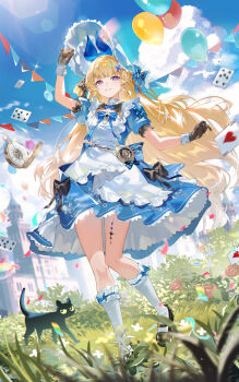 1girl absurdres alice's_adventures_in_wonderland alice_(alice_in_wonderland) alice_(alice_in_wonderland)_(cosplay) apron balloon black_bow black_cat black_shoes blonde_hair blue_bonnet blue_bow blue_dress bonnet bow brown_gloves card cat chinese_commentary commentary_request cosplay day dress floating_card flower frilled_apron frills full_body gloves grass grin hair_ornament highres kuuus lens_flare long_hair looking_at_viewer mary_janes outdoors pennant phoebe_(wuthering_waves) playing_card puffy_short_sleeves puffy_sleeves purple_eyes shoes short_sleeves smile socks solo string_of_flags tacet_mark_(wuthering_waves) very_long_hair white_apron white_socks wuthering_waves x_hair_ornament