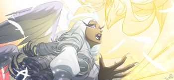 2girls absurdly_long_hair angel angel_wings beak bird_girl blonde_hair dress furry furry_female glowing glowing_eyes halo hazbin_hotel hellaverse long_hair multiple_girls nallali_nal sera_(hazbin_hotel) speaker_of_god_(hazbin_hotel) very_long_hair white_dress white_hair wings