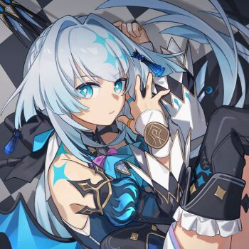 1girl arm_up black_boots blue_dress blue_eyes blue_hair blue_wings boots cerydra_(honkai:_star_rail) checkered_floor chess_piece commentary_request detached_sleeves dress frilled_boots frills grey_hair hair_intakes hand_up highres honkai:_star_rail honkai_(series) jewelry juliet_sleeves long_hair long_sleeves looking_at_viewer low_wings lying minonext multicolored_hair on_floor on_side parted_lips puffy_sleeves ring skirt sleeveless sleeveless_dress solo thigh_boots two-tone_hair very_long_hair white_skirt wings