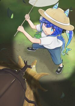 1girl animal_ears beetle blue_eyes blue_hair blue_pants bug butterfly_net crossed_bangs ear_covers hand_net hat heterochromia highres horse_ears horse_girl horse_tail insect long_hair multicolored_hair open_mouth outdoors pants purple_eyes rhinoceros_beetle shirt shoes short_hair short_sleeves sneakers socks sweat sweatdrop tail tree twin_turbo_(umamusume) twintails umamusume user_hthg5377 white_shirt white_socks