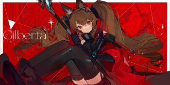 1girl :3 angelina_(arknights) animal_ear_fluff animal_ears arknights arknights:_endfield belt black_boots black_gloves black_thighhighs blurry boots border bracelet brown_hair character_name coat commentary depth_of_field dot_nose dress elbow_gloves english_commentary fox_ears fox_girl game_cg gilberta_(arknights) gloves grey_dress headpiece high_belt highres holding holding_staff infection_monitor_(arknights) jewelry knees_up light_particles long_hair long_sidelocks long_sleeves looking_at_viewer off_shoulder official_art open_clothes open_coat outside_border qinghejunzi red_background red_coat red_eyes short_dress sidelocks solo staff thighhighs third-party_source twintails very_long_hair white_border zettai_ryouiki