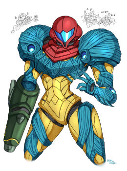 Rule 34 | 1girl, arm cannon, armor, artist name, assault visor, blue visor, commentary request, cropped legs, dark samus, full armor, fusion suit, helmet, highres, metroid, metroid: samus returns, nintendo, power armor, power suit (metroid), samus aran, science fiction, signature, simple background, wakaba (wata ridley), weapon, white background