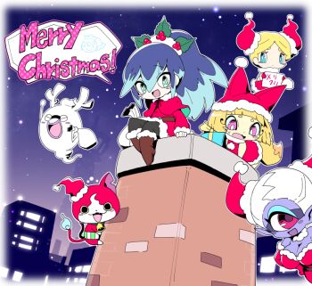 4girls aqua_eyes bell blonde_hair blue_eyes blue_hair blush_stickers boots breasts bright_pupils brown_boots building cat chimney christmas cleavage closed_eyes colored_skin commentary_request cyclops elbow_gloves english_text fangs fire flame-tipped_tail floating fox_girl fox_tail fubukihime fur-trimmed_boots fur-trimmed_gloves fur_trim fuumin_(youkai_watch) ghost gloves hair_horns haramaki high_ponytail holly jibanyan kanpechan kon-tan large_breasts long_hair looking_at_viewer merry_christmas monster_girl multicolored_hair multiple_girls neck_bell nollety notched_ear one-eyed open_mouth outdoors pink_eyes pointy_ears ponytail purple_hair purple_lips purple_skin red_gloves sitting speech_bubble tail traditional_youkai two-tone_hair whisper_(youkai_watch) white_hair white_pupils youkai_(youkai_watch) youkai_watch youkai_watch_3 yuki_onna