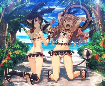 2girls ;d animal_ears arms_up ass back bad_id bad_pixiv_id ball beachball bikini black_hair breasts brown_hair butt_crack cloud crop_top day demon_tail extra_ears fang flip-flops frilled_bikini frills hair_ribbon halterneck highres holding innertube kneeling long_hair looking_at_viewer looking_back md5_mismatch messy_hair multiple_girls narumi_arata navel ocean on_ground one_eye_closed open_mouth original outdoors palm_tree path plant pointy_ears purple_eyes recri_(narumi_arata) red_eyes ribbon road sandals shoe_soles short_hair shoulder_blades sky small_breasts smile socks stirrup_legwear sunlight swim_ring swimsuit tail toeless_legwear tree wings wrist_cuffs wristband