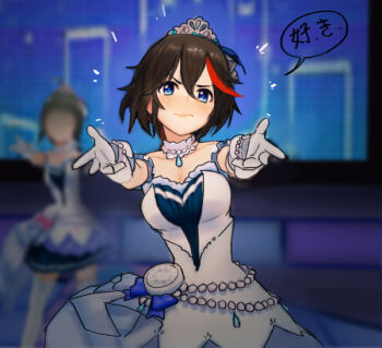 10s 1girl 3d black_hair blue_eyes blush breasts choker cowboy_shot dancing derivative_work dress facing_viewer female_focus gloves hair_between_eyes hong_doo idol idolmaster idolmaster_cinderella_girls idolmaster_cinderella_girls_starlight_stage jewelry kill_la_kill looking_at_viewer matoi_ryuuko medium_breasts meme multicolored_hair my_little_pogchamp_(meme) necklace outstretched_arms red_hair screencap short_hair sleeveless sleeveless_dress solo standing streaked_hair third-party_edit tiara white_gloves