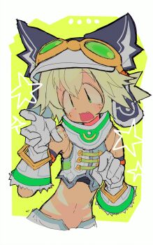 1girl animal_ears blonde_hair commentary cyberconnect2 eyewear_on_head fang gloves goggles green_eyes highres neptune_(series) open_mouth pyoko_(sandwicha) short_hair solo