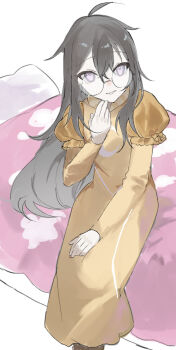 1girl bed bed_sheet black_hair commeowdore dress glasses highres homestuck jade_harley long_hair on_bed pillow purple_eyes white_background yellow_dress