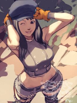1girl 5tatsu artist_name bare_shoulders black_eyes black_hair black_hat breasts buttons crop_top double-breasted final_fantasy final_fantasy_vii final_fantasy_vii_remake fringe_trim from_above gloves grey_shirt grey_shorts hat highres kyrie_canaan looking_at_viewer medium_breasts midriff navel newsboy_cap one_eye_closed orange_gloves parted_lips shirt short_shorts shorts sleeveless sleeveless_shirt smile solo striped_clothes striped_thighhighs teeth thighhighs