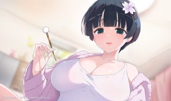 1girl :d blue_eyes blue_hair blurry blurry_background blush bowl_cut breasts cleavage covered_erect_nipples flower hair_flower hair_ornament highres large_breasts looking_at_viewer marvelous mimikaki no_bra non-web_source official_art open_mouth senran_kagura short_hair smile tank_top yaegashi_nan yozakura_(senran_kagura)