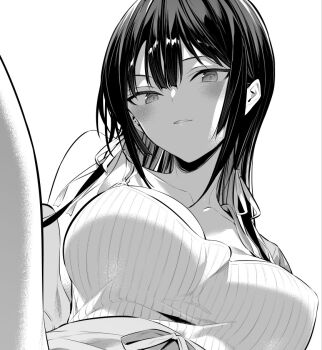 black_hair blush breasts camisole cardigan collarbone commentary_request greyscale hair_between_eyes hair_ribbon hiiragi_yuuichi large_breasts long_hair looking_at_viewer monochrome off_shoulder original parted_lips ribbon single_bare_shoulder takamine_takane thighs upper_body