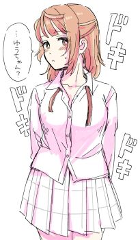 1girl breasts brown_eyes brown_ribbon collared_shirt commentary dress_shirt hair_bun half_updo highres implied_yuri large_breasts looking_at_viewer love_live! love_live!_nijigasaki_high_school_idol_club medium_hair miniskirt neck_ribbon nijigasaki_school_uniform open_collar orange_hair pleated_skirt ribbon school_uniform shirt simple_background single_side_bun skirt solllolll solo speech_bubble standing translated uehara_ayumu undone_neck_ribbon white_background white_shirt white_skirt winter_uniform