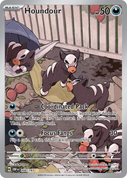 Rule 34 | animal focus, artist name, berry (pokemon), card (medium), character name, chotokkyu, closed eyes, closed mouth, company name, copyright name, copyright notice, english text, fang, fence, gen 2 pokemon, grass, houndour, nintendo, no humans, official art, pokemon, pokemon (creature), pokemon card, pokemon focus, pokemon tcg, pomeg berry, sleeping, soil, third-party source, trading card, umbrella, v-shaped eyes