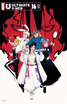 6+girls absurdres animal_ears bandaged_head bandages baseball_bat black_boots black_capelet black_dress black_eyes black_gloves black_hair black_jumpsuit black_lips blue_neckerchief blunt_bangs boots braid brown_hair capelet chest_sarashi clenched_hand coat comic_cover company_name copyright_logo copyright_name cover cover_page double_bun dress earrings fake_animal_ears fingerless_gloves full_body gakuran gloves hair_bun highres holding holding_staff ichiki_hisako ichiki_hisako_(ultimate_x-men_2024) jacket jewelry jumpsuit kanon_sainouchi lightning_bolt_earrings lightning_bolt_symbol logo marvel mask maystorm_(marvel) miguel_mercado mori_(marvel) multicolored_neckerchief multiple_girls multiple_piercings mummy_costume nail_(hardware) nail_bat natsu_tsukishima neckerchief nico_minoru official_art pants pink_neckerchief psylocke purple_hair rabbit_ear_headwear sarashi school_uniform shoulder_tattoo spiked_hair staff tabi tattoo tokkoufuku ultimate_x-men_(2024) weapon weapon_on_back white_gloves white_hair white_jacket white_pants x-men