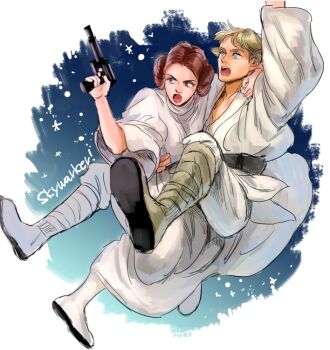 1boy 1girl animification bad_id bad_pixiv_id boots brother_and_sister donut_hair_bun dress energy_gun hair_bun hetero holding hug luke_skywalker oshima_(mttyamattari) princess_leia ray_gun science_fiction siblings simple_background star_wars star_wars:_a_new_hope swinging weapon