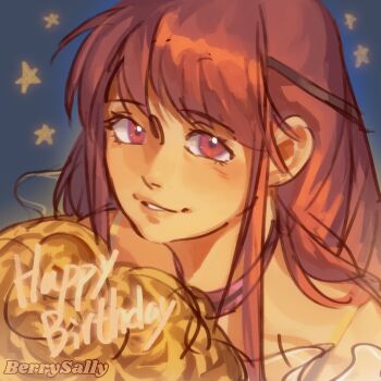 Rule 34 | 1girl, artist name, berrysally, black ribbon, blue background, bra strap, chinese commentary, choker, collarbone, commentary request, english text, eyelashes, frilled shirt collar, frills, hair ribbon, happy, happy birthday, highres, infinity nikki, light blush, lips, long hair, long sidelocks, low twintails, nikki (nikki), nikki (series), nostrils, off-shoulder shirt, off shoulder, parted lips, perfect start (infinity nikki), pink choker, pink eyes, pink hair, ribbon, shirt, sidelocks, single stripe, sketch, smile, solo, star (symbol), star symbol background, striped choker, tress ribbon, twintails, upper body, white shirt