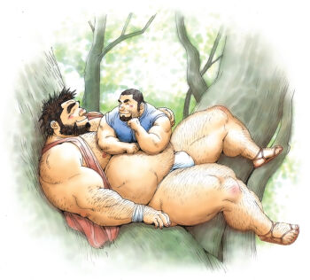 2boys ^_^ abs bara bare_pectorals beard beard_stubble blush bulge buzz_cut closed_eyes couple facial_hair from_side full_beard full_body hairy highres huge_pectorals jiraiya_(mangaka) large_pectorals lying_on_person male_focus mature_male medium_sideburns multiple_boys muscular muscular_legs muscular_male mustache_stubble navel navel_hair nipples on_tree original pectorals profile shirt short_hair sideburns_stubble size_difference sleeveless sleeveless_shirt slippers smile sparse_chest_hair sparse_leg_hair sparse_navel_hair spiked_hair spread_legs standing stomach strongman_waist stubble thick_arm_hair thick_beard thick_eyebrows thighs topless_male very_short_hair yaoi