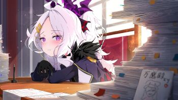 1girl 3: absurdres armband black_coat black_gloves blue_archive blurry cameo chair coat coat_on_shoulders commentary_request demon_girl demon_horns depth_of_field desk forehead fur-trimmed_coat fur_trim gloves hair_ornament hairclip halo highres hina_(blue_archive) horns indoors long_hair long_sleeves looking_at_viewer makoto_(blue_archive) military_uniform note open_clothes open_coat paper_stack parted_bangs purple_eyes red_armband sidelocks solo spice_mega sunlight translation_request wavy_hair white_hair window