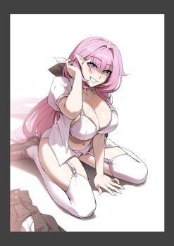 1girl absurdres blue_eyes border bra breasts brown_shoes commentary_request elf elysia_(honkai_impact) garter_straps grey_border highres honkai_(series) honkai_impact_3rd large_breasts long_hair panties pink_hair pointy_ears saki_(remainaddd) shirt shoes sitting smile solo thighhighs thighs underwear very_long_hair wariza white_bra white_garter_straps white_panties white_shirt white_thighhighs