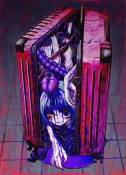 1girl amputee blood blood_on_face blush chromatic_aberration guro heart_(organ) heterochromia highres horror_(theme) in_container intestines jinba_(jinbarta2) looking_at_viewer organs original pale_skin purple_blood purple_eyes purple_hair rolling_suitcase severed_foot severed_hand severed_limb smile solo suitcase tile_floor tiles undead uneven_eyes zombie