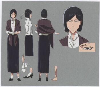 Rule 34 | black eyes, black hair, black skirt, bleach, bleach: sennen kessen-hen, grey background, ishida izumi, jewelry, long skirt, mature female, medium hair, necklace, outline, reference sheet, scar, scar on leg, sharp eyes, shirt, skirt, smile, white outline, white shirt