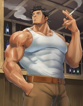 Rule 34 | 1boy, abs, bar (place), bara, belt, black clover, black hair, brown belt, brown pants, capelet, cigarette, commentary request, covered abs, facial hair, hand in pocket, highres, holding, holding cigarette, iwatanuki510, large pectorals, male focus, mature male, muscular, muscular male, pants, pectorals, short hair, smoking, solo, stubble, tank top, veins, veiny arms, white tank top, yami sukehiro
