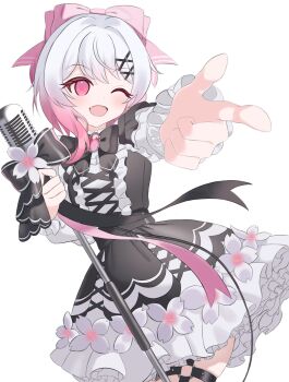 1girl black_dress bow commentary_request cowboy_shot cross-laced_clothes cross-laced_dress dress fang flower flower-trimmed_dress flower-trimmed_skirt frilled_dress frilled_skirt frilled_sleeves frills gradient_hair hair_bow hair_ornament hanahana_201215 highres holding holding_microphone holding_microphone_stand karaoke_manekineko lolita_fashion long_sleeves looking_at_viewer mahou_shoujo_no_majo_saiban microphone microphone_stand multicolored_hair multiple_girls o-ring o-ring_thigh_strap one_eye_closed open_mouth pink_eyes pink_hair pointing pointing_at_viewer sakuraba_ema short_hair simple_background skirt smile thigh_strap white_background white_flower white_hair x_hair_ornament