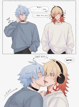 Rule 34 | 2boys, absurdres, antenna hair, black choker, black pants, blazingstrife, blonde hair, blue eyes, blush, braid, chest tattoo, choker, commentary, english commentary, facial tattoo, gradient hair, grey sweater, headphones, highres, honkai: star rail, honkai (series), kiss, male focus, medium hair, multicolored hair, multiple boys, mydei (honkai: star rail), neck tattoo, pants, parted bangs, phainon (honkai: star rail), red hair, short hair, side braid, sun symbol, sun tattoo, sweater, tan, tattoo, white hair, white sweater, yaoi, yellow eyes