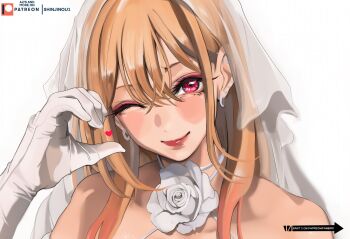 Rule 34 | 1girl, bare shoulders, blonde hair, closed mouth, dress, flower, gloves, gyaru, half-heart hands, highres, kitagawa marin, lady shin, one eye closed, red eyes, rose, see-through clothes, see-through veil, smile, solo, sono bisque doll wa koi wo suru, upper body, veil, wedding dress, white flower, white gloves, white rose, white veil