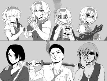 Rule 34 | 3boys, 4girls, alice margatroid, blazer, bois de justice, breasts, capelet, cigarette, closed mouth, collared shirt, commentary request, cookie (touhou), dies irae, frilled hairband, frills, greyscale, gun, gyakutai ojisan, hair between eyes, hairband, handgun, highres, hinase (cookie), hirano gengorou, holding, holding gun, holding rope, holding sword, holding weapon, jacket, jacket on shoulders, jigen (cookie), katana, long bangs, looking at viewer, manatsu no yo no inmu, medium breasts, monochrome, multiple boys, multiple girls, necktie, revolver, rope, sakuranbou (cookie), shaded face, shinza bansho series, shirt, short hair, simple background, sleeveless, sleeveless shirt, smile, smoking, sunglasses, sword, taisa (cookie), takuya (acceed), touhou, tsurime suki, upper body, v-shaped eyebrows, wanted poster, weapon