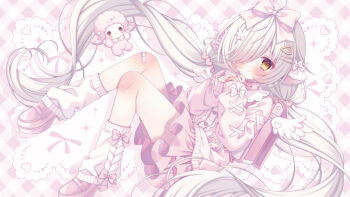 1girl angel_wings animal_ears backpack bag bandaid bandaid_on_knee bandaid_on_leg blush bow commission full_body hair_bow hair_ornament hair_over_eyes hairpin leg_warmers long_hair long_sleeves looking_at_viewer low_twintails mini_wings miniskirt one_eye_covered original pink_bag pink_bow pink_shirt pink_shoes pink_skirt pink_theme puu_(kari---ume) randoseru sheep_ears shirt shoes skeb_commission skirt sleeves_past_wrists solo twintails very_long_hair white_hair white_leg_warmers wing_hair_ornament wings yellow_eyes