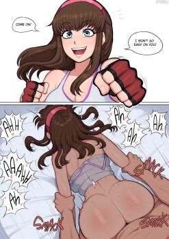1boy 1girl 2koma afrobull ass breasts brown_hair cleavage comic dead_or_alive doggystyle english_text facing_away fingerless_gloves gloves grey_eyes hairband heart hetero highres hitomi_(doa) instant_loss long_hair looking_at_viewer open_mouth pink_hairband plap sex sex_from_behind smile speech_bubble tongue