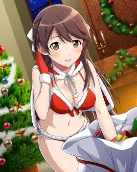 1girl alternate_costume artist_request bikini blush box bra brave_witches breasts brown_eyes brown_hair candle cape christmas christmas_ornaments christmas_tree feet_out_of_frame gift gift_box gloves indoors karibuchi_takami large_breasts long_hair looking_at_viewer navel non-web_source official_art red_bra red_gloves sack santa_bikini santa_costume solo standing swimsuit underwear world_witches_series