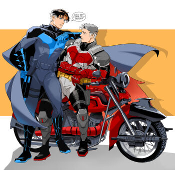 aged_up bat_signal batman_(series) batman_symbol belt black_bodysuit black_hair blue_bodysuit blue_eyes bodysuit cowl dc_comics dick_grayson escrima_sticks gloves grey_bodysuit highres jason_todd male_focus motor_vehicle motorcycle multicolored_bodysuit multiple_boys muscular muscular_male nichasheng red_hood_(dc) short_hair siblings simple_background superhero_costume taut_bodysuit two-tone_bodysuit utility_belt