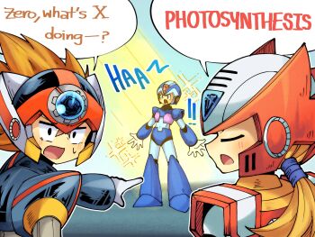 Rule 34 | 3boys, armor, axl (mega man), black armor, blonde hair, blue armor, blue helmet, brown hair, closed eyes, cross scar, english text, forehead jewel, helmet, highres, long hair, mega man (series), mega man x (series), multiple boys, photosynthesis, pointing, red armor, red helmet, scar, scar on face, speech bubble, spiked hair, thenul, x (mega man), zero (mega man)