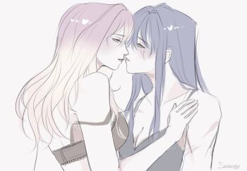 2girls artist_name black_bra black_camisole black_hair blush bra camisole commentary english_commentary gradient_hair hand_on_another&#039;s_shoulder imminent_kiss long_hair multicolored_hair multiple_girls parted_lips path_to_nowhere purple_hair rahu_(path_to_nowhere) santony711 scar scar_on_arm scar_on_face shalom_(path_to_nowhere) simple_background strap_slip underwear white_background white_hair yuri