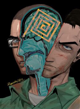 2boys artist_name black_hair blood daniel_lamb glasses highres leo_kasper male_focus manhunt multiple_boys round_eyewear signature split_theme upper_body