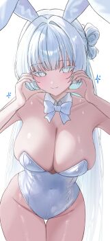 1girl absurdly_long_hair absurdres alternate_costume animal_ear_hairband animal_ears bare_shoulders bow bowtie breasts cleavage closed_mouth covered_navel detached_collar fake_animal_ears goddess_of_victory:_nikke hairband hands_up highres large_breasts leotard long_hair nayuta_(nikke) playboy_bunny rabbit_ear_hairband rabbit_ears simple_background smile solo thigh_gap very_long_hair white_background white_bow white_bowtie white_eyes white_hair white_leotard white_nails yamu_(yamu_030)