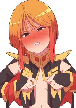 1girl armor bare_shoulders black_bridal_gauntlets black_capelet blush bridal_gauntlets bright_pupils capelet clenched_teeth commentary_request embarrassed flat_chest frown gundam gundam_zz hands_up highres long_sidelocks looking_at_viewer navel neo_zeon no_shirt onimaru_(onimal7802) orange_hair parted_lips pauldrons puru_two short_hair shoulder_armor sidelocks solo sweatdrop teeth upper_body v-shaped_eyebrows white_pupils