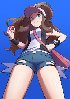 1girl absurdres black_vest blue_background blue_eyes brown_hair closed_mouth commentary_request exposed_pocket from_below hat highres hilda_(pokemon) holding holding_poke_ball long_hair looking_down nintendo open_clothes open_vest poke_ball poke_ball_(basic) pokemon pokemon_black_and_white roururu_(damyon_kuma) shiny_skin shirt shorts sidelocks simple_background sleeveless sleeveless_shirt smile solo vest wristband xtransceiver